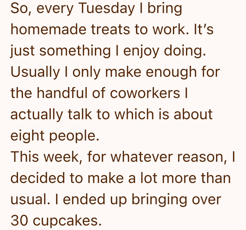 So, every Tuesday I bring homemade treats to work. It's just something I enjoy doing. Usually I only make enough for the handful of coworkers I actually talk to which is about eight people. This week, for whatever reason, I decided to make a lot more than usual. I ended up bringing over 30 cupcakes.