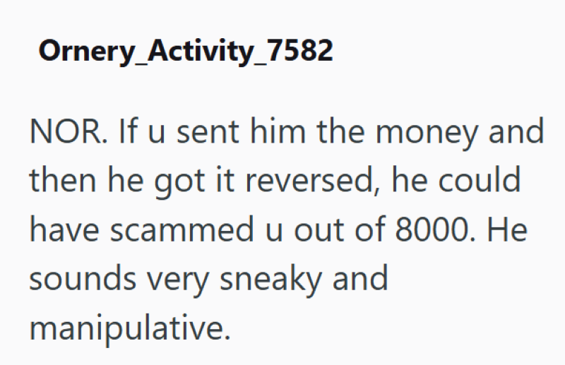 Ornery_Activity_7582 NOR. If u sent him the money and then he got it reversed, he could have scammed u out of 8000. He sounds very sneaky and manipulative.