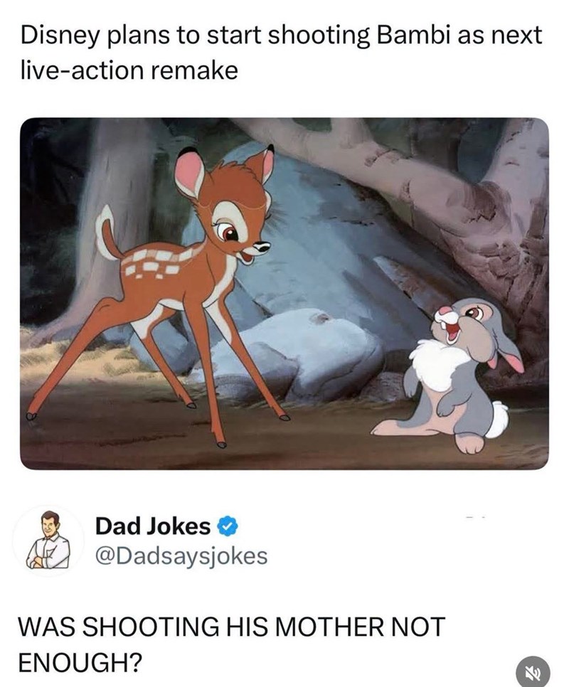 Disney plans to start shooting Bambi as next live-action remake Dad Jokes ⭑ @Dadsaysjokes WAS SHOOTING HIS MOTHER NOT ENOUGH?