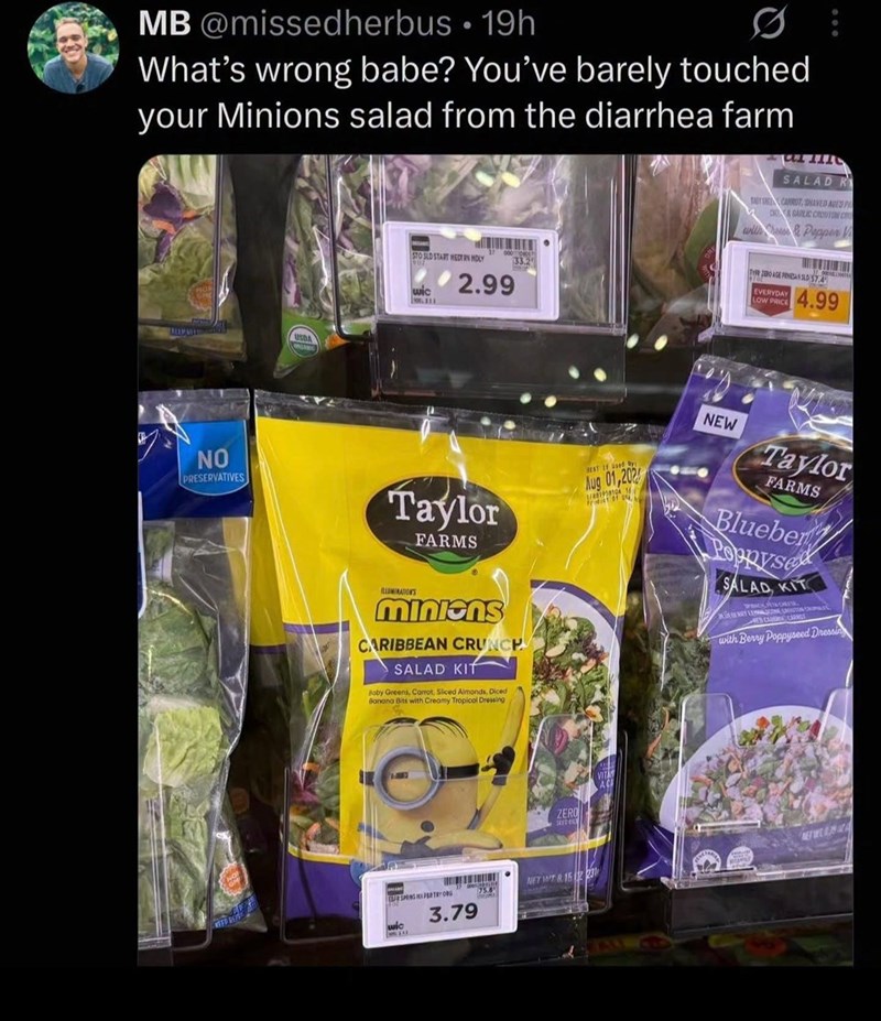MB @missedherbus •19h What's wrong babe? You've barely touched your Minions salad from the diarrhea farm STO SED START MEDTRN HOLY wic 01.111 2.99 33.2 SALAD R TAT SHE CARROT, SHAVED AGED PA DGARLIC CROUTON C wil Chess&Pepper V TOPRO AGE PRIVESAN SLD 57.4 EVERYDAY LOW PRICE 4.99 USDA NO PRESERVATIVES Taylor FARMS ILLUMINATIONS miniens CARIBBEAN CRUNCH SALAD KIT Baby Greens, Carrot, Sliced Almonds, Diced Banana Bits with Creamy Tropical Dressing ZERO Aug 01,202 NEW Taylor FARMS Blueber Poppyse SA