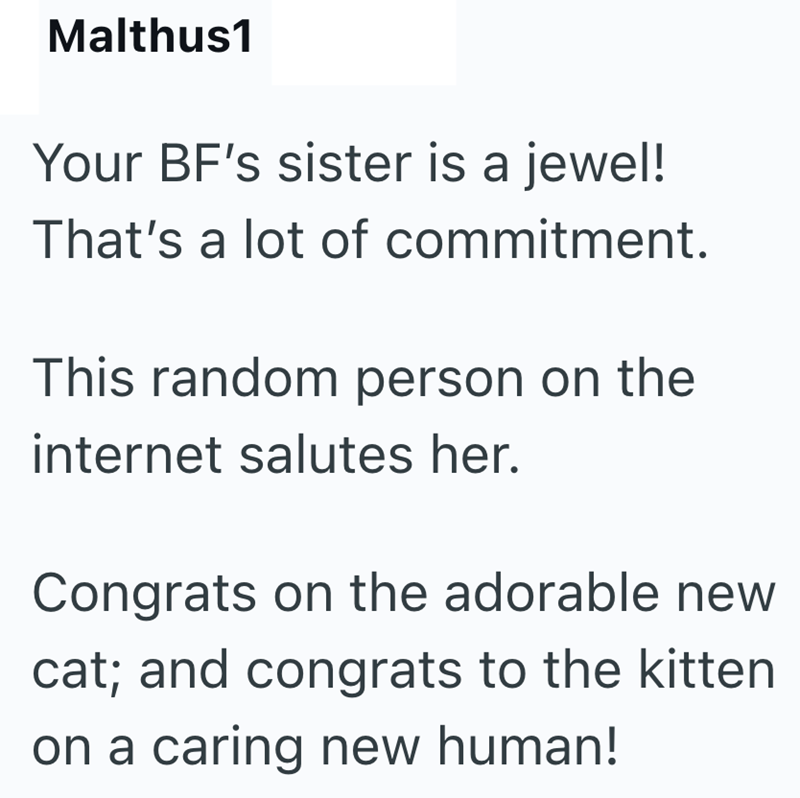 Malthus1 Your BF's sister is a jewel! That's a lot of commitment. This random person on the internet salutes her. Congrats on the adorable new cat; and congrats to the kitten on a caring new human!