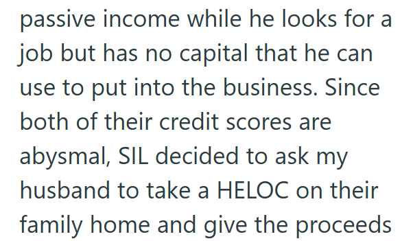 passive income while he looks for a job but has no capital that he can use to put into the business. Since both of their credit scores are abysmal, SIL decided to ask my husband to take a HELOC on their family home and give the proceeds