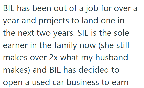 BIL has been out of a job for over a year and projects to land one in the next two years. SIL is the sole earner in the family now (she still makes over 2x what my husband makes) and BIL has decided to open a used car business to earn