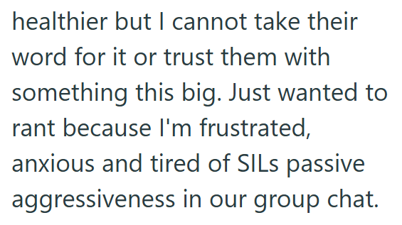 healthier but I cannot take their word for it or trust them with something this big. Just wanted to rant because I'm frustrated, anxious and tired of SILs passive aggressiveness in our group chat.