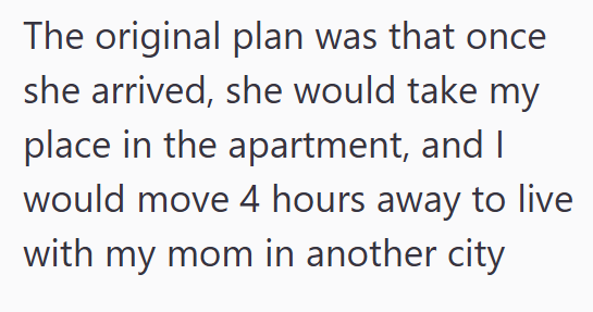 The original plan was that once she arrived, she would take my place in the apartment, and I would move 4 hours away to live with my mom in another city
