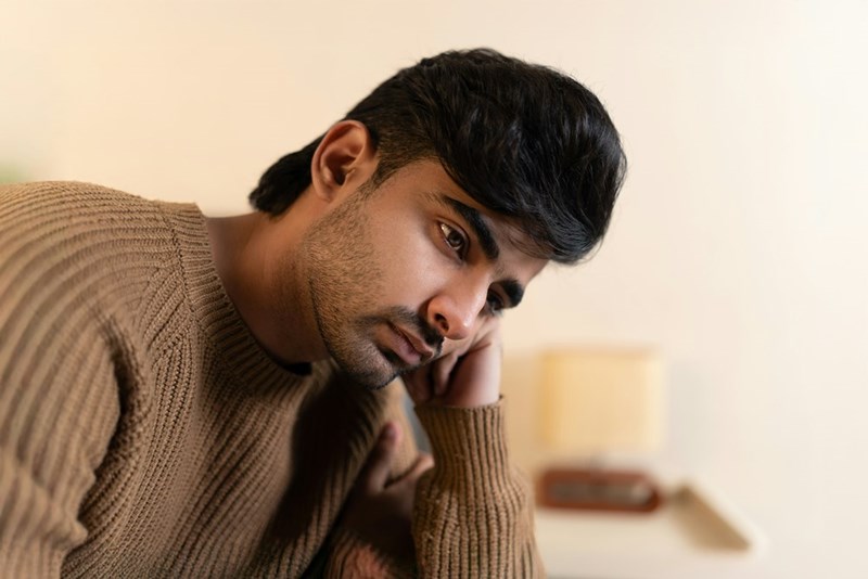 Disappointed man sitting alone after a family disagreement over money and expectations surrounding a shared apartment.