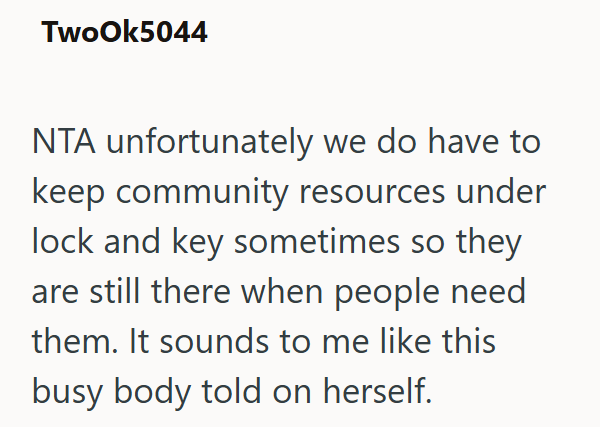 TwoOk5044 NTA unfortunately we do have to keep community resources under lock and key sometimes so they are still there when people need them. It sounds to me like this busy body told on herself.