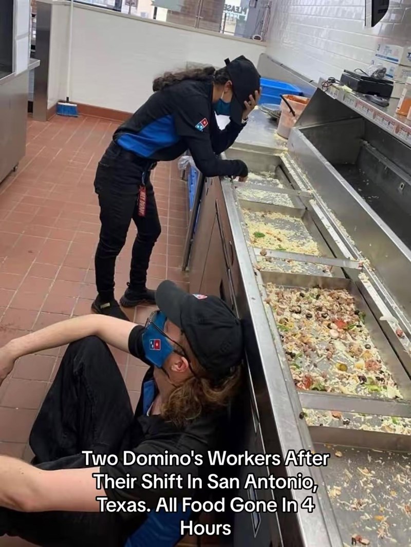 820314 Two Domino's Workers After Their Shift In San Antonio, Texas. All Food Gone In4 Hours