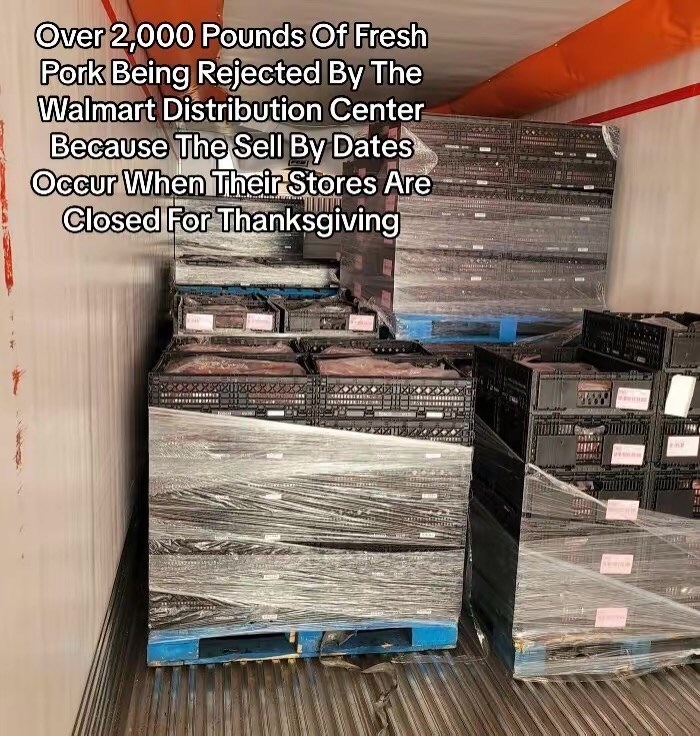 Over 2,000 Pounds Of Fresh Pork Being Rejected By The Walmart Distribution Center Because The Sell By Dates Occur When Their Stores Are Closed For Thanksgiving