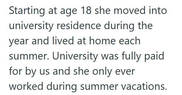 Starting at age 18 she moved into university residence during the year and lived at home each summer. University was fully paid for by us and she only ever worked during summer vacations.