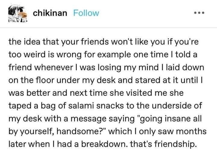 chikinan Follow the idea that your friends won't like you if you're too weird is wrong for example one time I told a friend whenever I was losing my mind I laid down on the floor under my desk and stared at it until I was better and next time she visited me she taped a bag of salami snacks to the underside of my desk with a message saying "going insane all by yourself, handsome?" which I only saw months later when I had a breakdown. that's friendship.