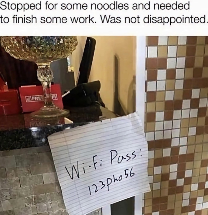 Stopped for some noodles and needed to finish some work. Was not disappointed. FREE Wi-Fi Pass: 123ph056