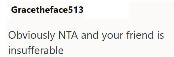 Gracetheface513 Obviously NTA and your friend is insufferable