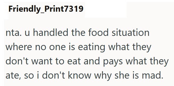 Friendly_Print7319 nta. u handled the food situation where no one is eating what they don't want to eat and pays what they ate, so i don't know why she is mad.