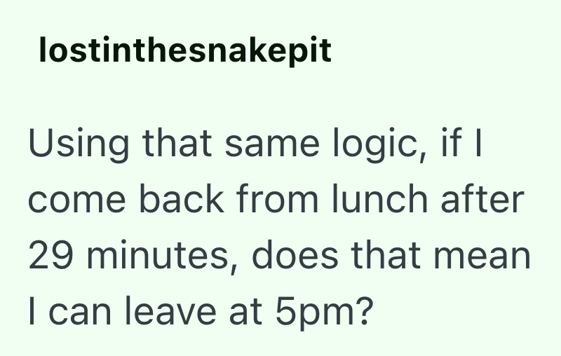lostinthesnakepit Using that same logic, if I come back from lunch after 29 minutes, does that mean I can leave at 5pm?