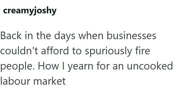 creamyjoshy Back in the days when businesses couldn't afford to spuriously fire people. How I yearn for an uncooked labour market