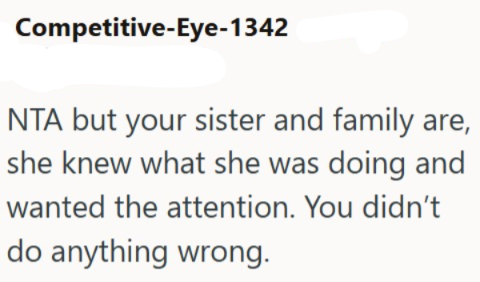 Competitive-Eye-1342 NTA but your sister and family are, she knew what she was doing and wanted the attention. You didn't do anything wrong.