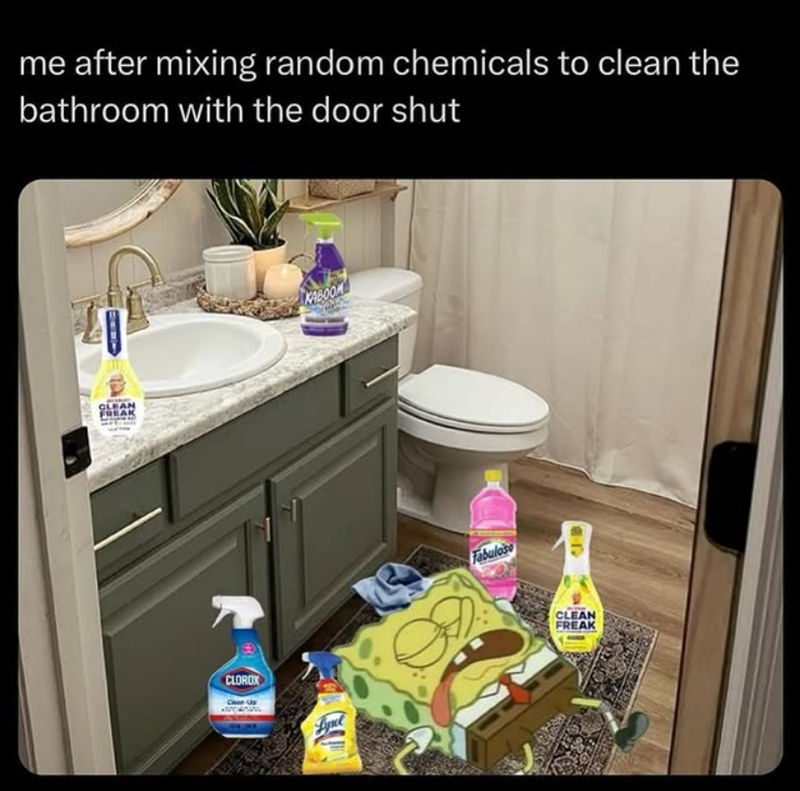 me after mixing random chemicals to clean the bathroom with the door shut CLEAN FREAK CLOROX KABOOM Fabuloso JUB CLEAN FREAK 2021