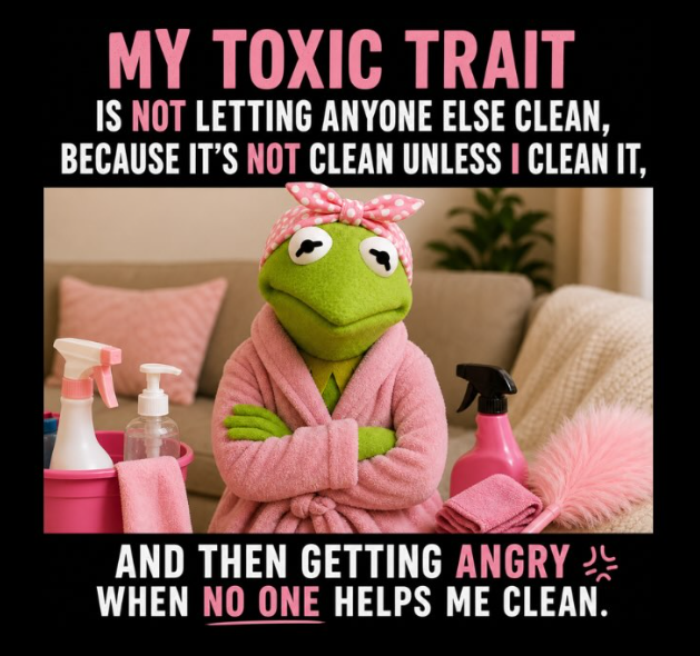 MY TOXIC TRAIT IS NOT LETTING ANYONE ELSE CLEAN, BECAUSE IT'S NOT CLEAN UNLESS I CLEAN IT, AND THEN GETTING ANGRY WHEN NO ONE HELPS ME CLEAN.