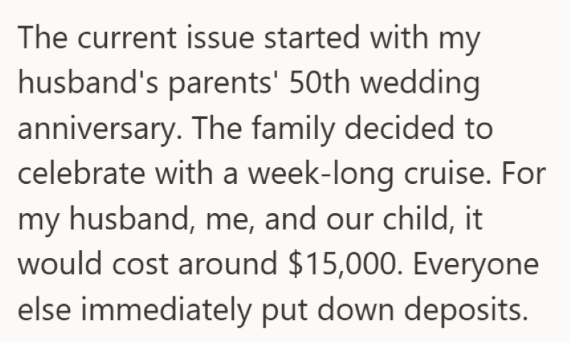 The current issue started with my husband's parents' 50th wedding anniversary. The family decided to celebrate with a week-long cruise. For my husband, me, and our child, it would cost around $15,000. Everyone else immediately put down deposits.