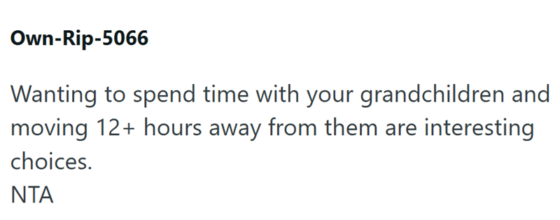 Own-Rip-5066 Wanting to spend time with your grandchildren and moving 12+ hours away from them are interesting choices. ΝΤΑ