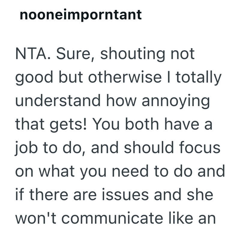nooneimporntant NTA. Sure, shouting not good but otherwise I totally understand how annoying that gets! You both have a job to do, and should focus on what you need to do and if there are issues and she won't communicate like an