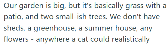 Our garden is big, but it's basically grass with a patio, and two small-ish trees. We don't have sheds, a greenhouse, a summer house, any flowers - anywhere a cat could realistically