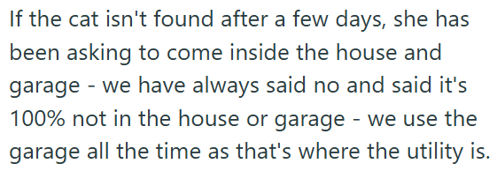 If the cat isn't found after a few days, she has been asking to come inside the house and garage - we have always said no and said it's 100% not in the house or garage - we use the garage all the time as that's where the utility is.