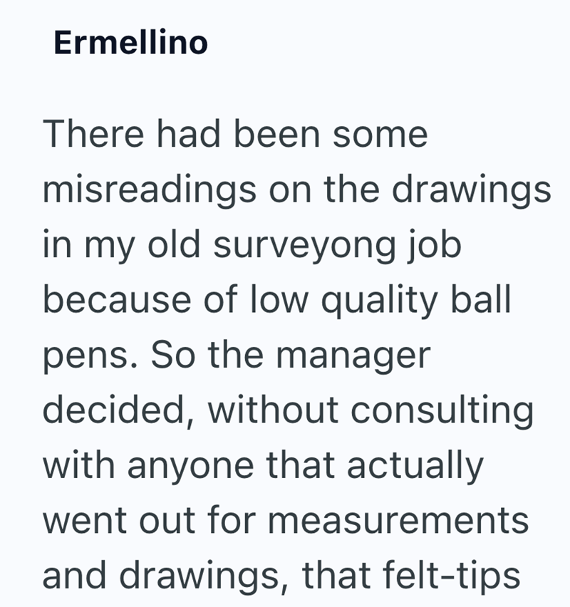Ermellino There had been some misreadings on the drawings in my old surveyong job because of low quality ball pens. So the manager decided, without consulting with anyone that actually went out for measurements and drawings, that felt-tips