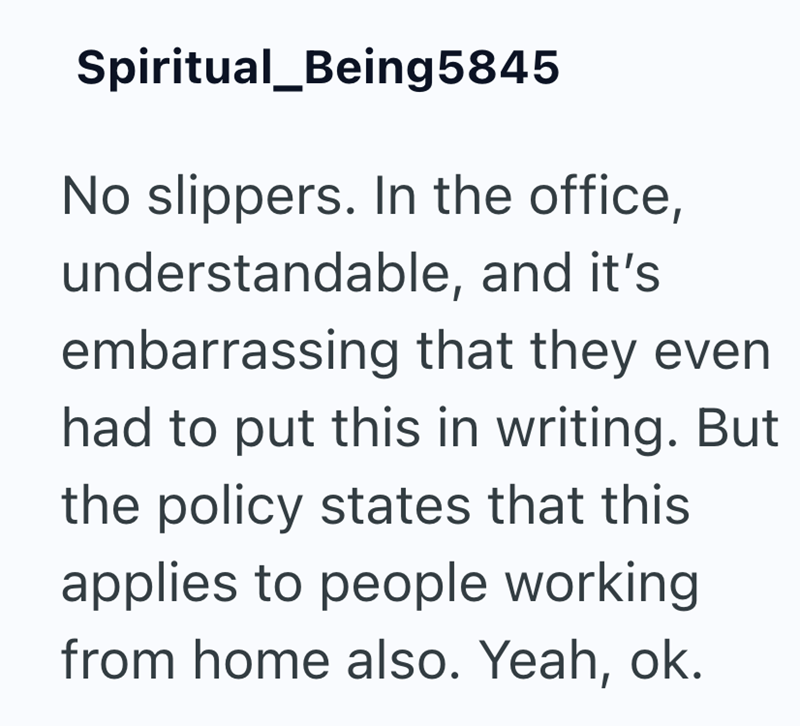 Spiritual_Being5845 No slippers. In the office, understandable, and it's embarrassing that they even had to put this in writing. But the policy states that this applies to people working from home also. Yeah, ok.