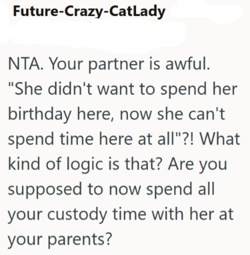 Future-Crazy-CatLady NTA. Your partner is awful. "She didn't want to spend her birthday here, now she can't spend time here at all"?! What kind of logic is that? Are you supposed to now spend all your custody time with her at your parents?