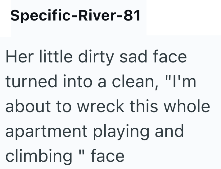 Specific-River-81 Her little dirty sad face turned into a clean, "I'm about to wreck this whole apartment playing and climbing "face