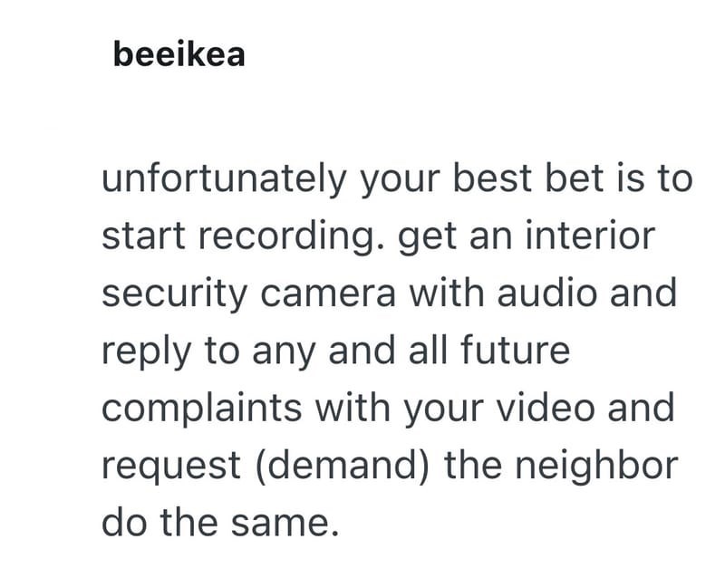 beeikea unfortunately your best bet is to start recording. get an interior security camera with audio and reply to any and all future complaints with your video and request (demand) the neighbor do the same.