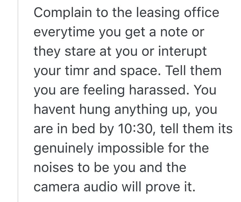 Complain to the leasing office everytime you get a note or they stare at you or interupt your timr and space. Tell them you are feeling harassed. You havent hung anything up, you are in bed by 10:30, tell them its genuinely impossible for the noises to be you and the camera audio will prove it.