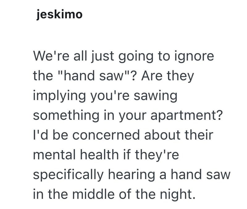 jeskimo We're all just going to ignore the "hand saw"? Are they implying you're sawing something in your apartment? I'd be concerned about their mental health if they're specifically hearing a hand saw in the middle of the night.