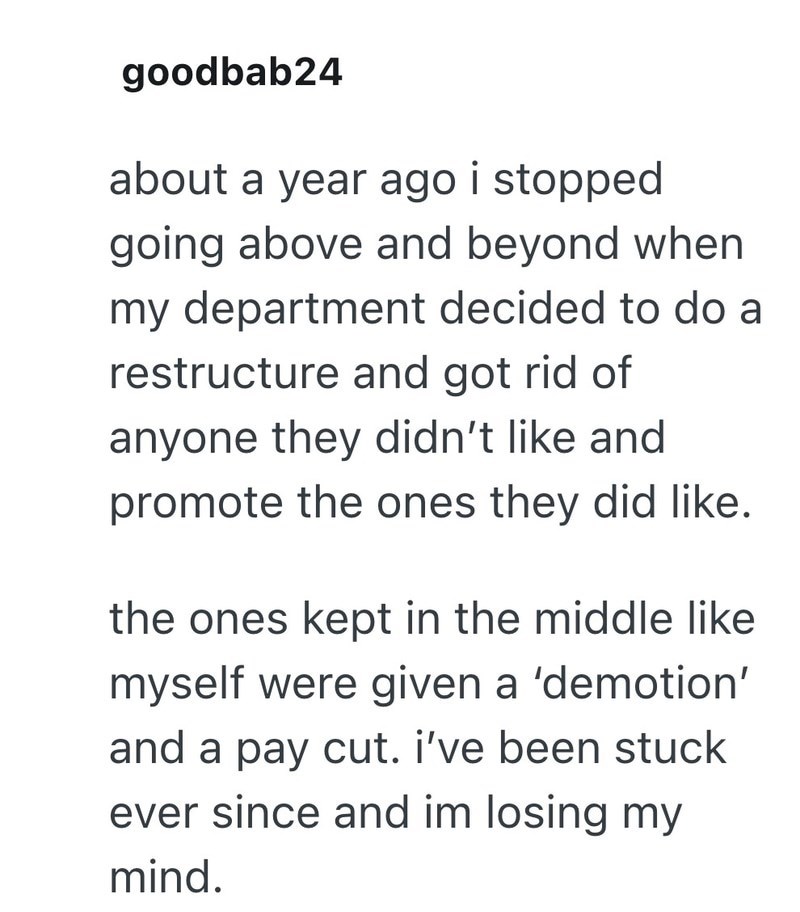 goodbab24 about a year ago i stopped going above and beyond when my department decided to do a restructure and got rid of anyone they didn't like and promote the ones they did like. the ones kept in the middle like myself were given a 'demotion' and a pay cut. i've been stuck ever since and im losing my mind.