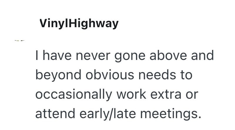 VinylHighway I have never gone above and beyond obvious needs to occasionally work extra or attend early/late meetings.