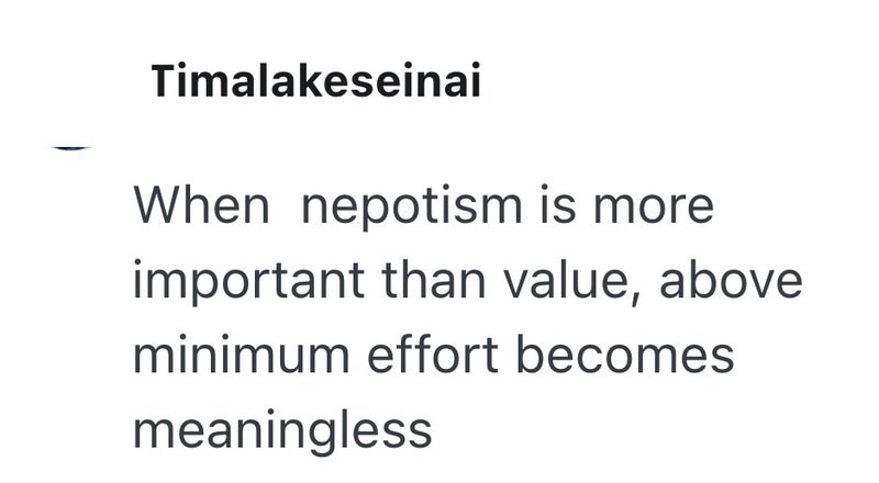 Timalakeseinai When nepotism is more important than value, above minimum effort becomes meaningless