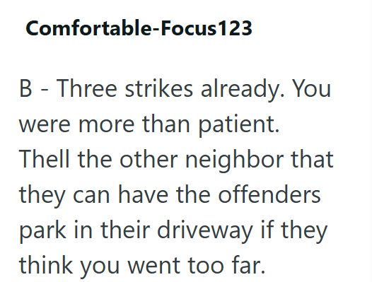 Comfortable-Focus 123 B-Three strikes already. You were more than patient. Thell the other neighbor that they can have the offenders park in their driveway if they think you went too far.