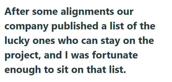 After some alignments our company published a list of the lucky ones who can stay on the project, and I was fortunate enough to sit on that list.