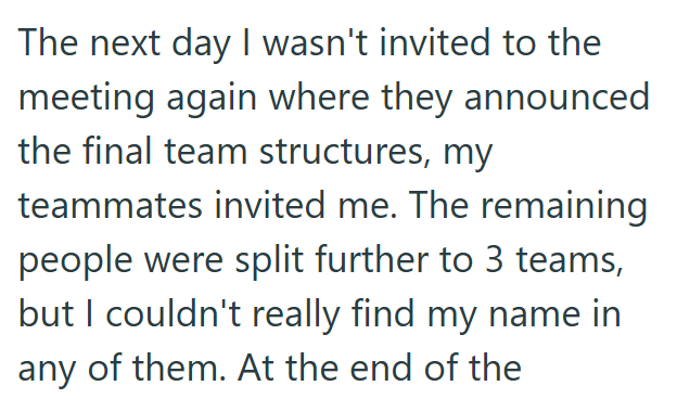 The next day I wasn't invited to the meeting again where they announced the final team structures, my teammates invited me. The remaining people were split further to 3 teams, but I couldn't really find my name in any of them. At the end of the