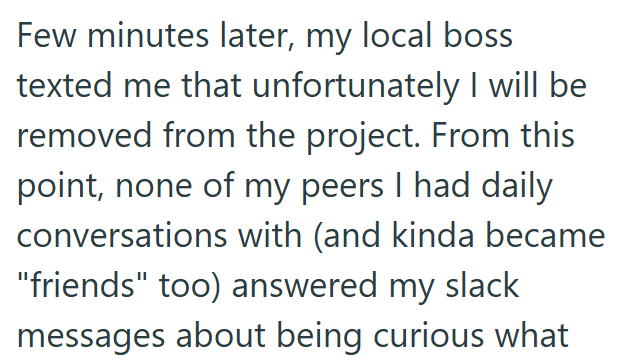 Few minutes later, my local boss texted me that unfortunately I will be removed from the project. From this point, none of my peers I had daily conversations with (and kinda became "friends" too) answered my slack messages about being curious what