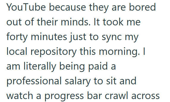 YouTube because they are bored out of their minds. It took me forty minutes just to sync my local repository this morning. I am literally being paid a professional salary to sit and watch a progress bar crawl across