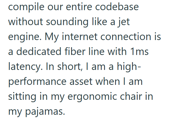 compile our entire codebase without sounding like a jet engine. My internet connection is a dedicated fiber line with 1ms latency. In short, I am a high- performance asset when I am sitting in my ergonomic chair in my pajamas.