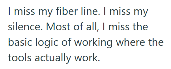 I miss my fiber line. I miss my silence. Most of all, I miss the basic logic of working where the tools actually work.