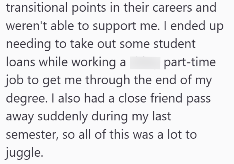 transitional points in their careers and weren't able to support me. I ended up needing to take out some student loans while working a part-time job to get me through the end of my degree. I also had a close friend pass away suddenly during my last semester, so all of this was a lot to juggle.