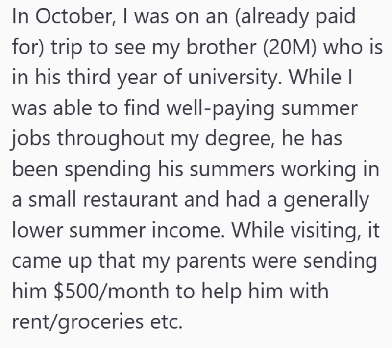 In October, I was on an (already paid for) trip to see my brother (20M) who is in his third year of university. While I was able to find well-paying summer jobs throughout my degree, he has been spending his summers working in a small restaurant and had a generally lower summer income. While visiting, it came up that my parents were sending him $500/month to help him with rent/groceries etc.