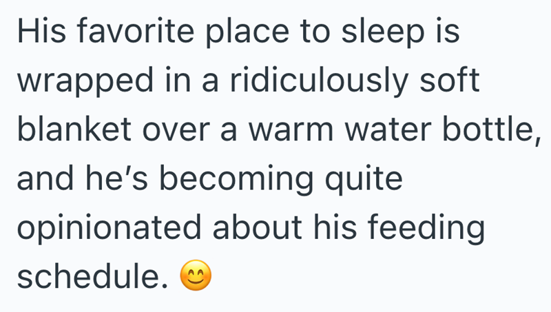 His favorite place to sleep is wrapped in a ridiculously soft blanket over a warm water bottle, and he's becoming quite opinionated about his feeding schedule.