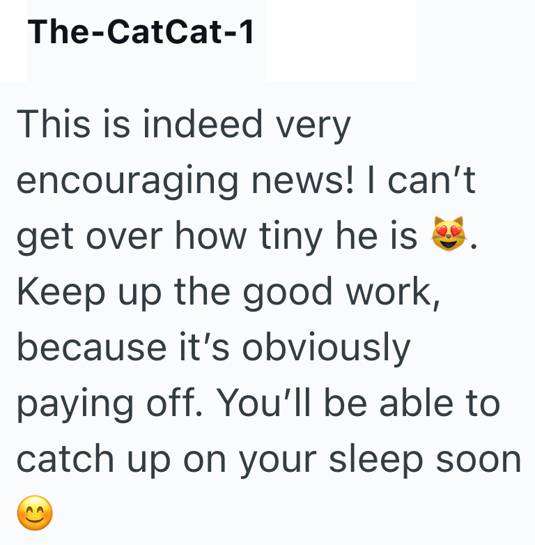 The-CatCat-1 This is indeed very encouraging news! I can't get over how tiny he is Keep up the good work, because it's obviously paying off. You'll be able to catch up on your sleep soon