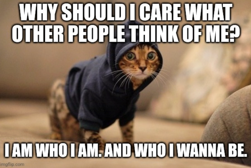 WHY SHOULD I CARE WHAT OTHER PEOPLE THINK OF ME? I AM WHO I AM. AND WHO I WANNA BE. imgflip.com
